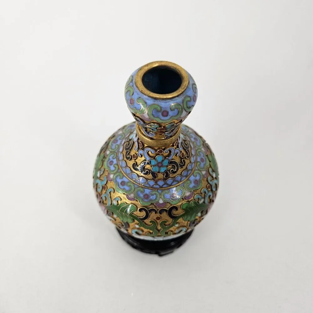 Vintage Chinese Cloisonne Enamel Floral Vase Miniature w/ Stand 20C